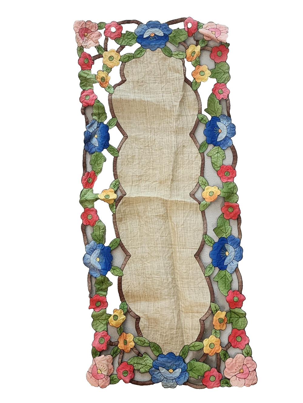 Vintage Embroidered Floral Table Runner Tan Center Multicolor Scalloped Edge